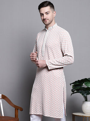 Men's Peach Sequin Embroidered Cotton Kurta