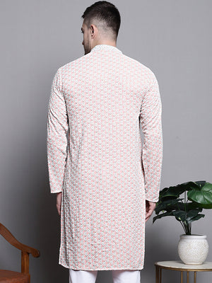 Men's Peach Sequin Embroidered Cotton Kurta