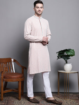 Men's Peach Sequin Embroidered Cotton Kurta