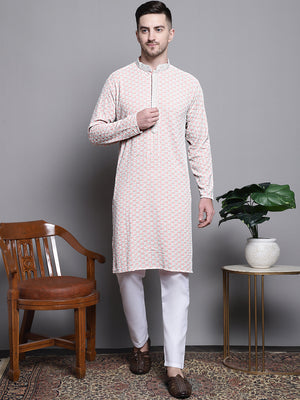 Men's Peach Sequin Embroidered Cotton Kurta