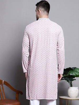 Men's Pink Sequin Embroidered Cotton Kurta