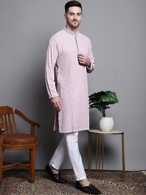 Men's Pink Sequin Embroidered Cotton Kurta