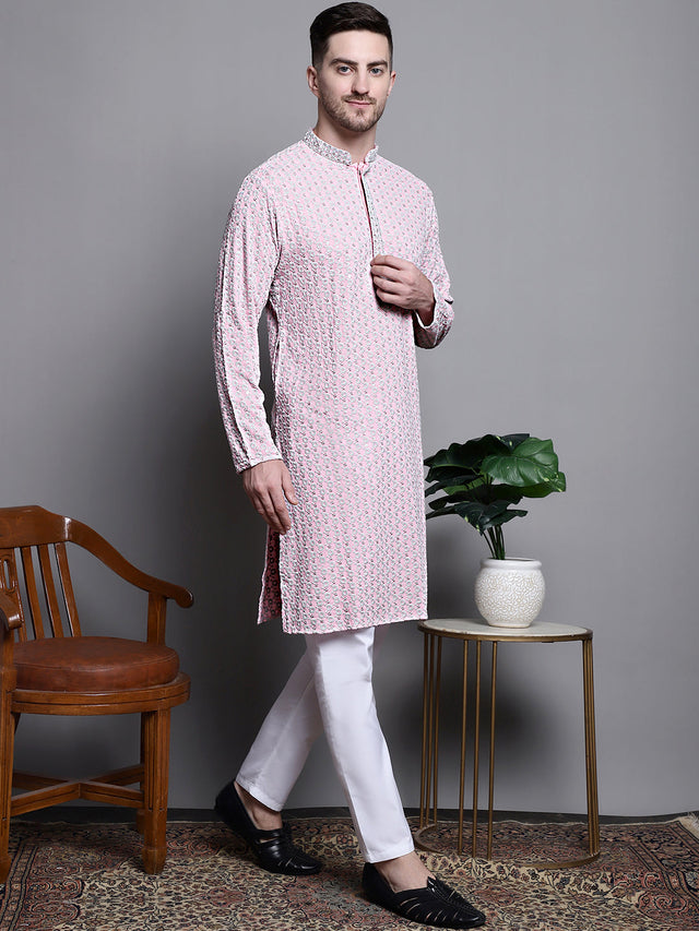 Men's Pink Sequin Embroidered Cotton Kurta