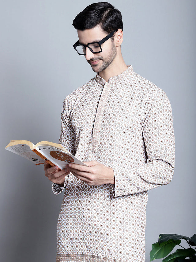 Men's Beige Chikankari Embroidered Kurta