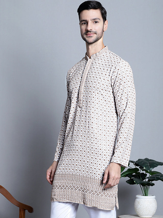 Men's Beige Chikankari Embroidered Kurta