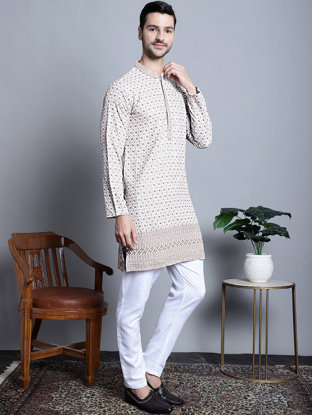 Men's Beige Chikankari Embroidered Kurta