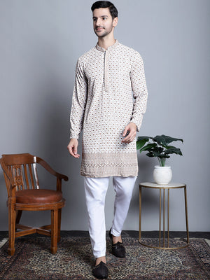 Men's Beige Chikankari Embroidered Kurta