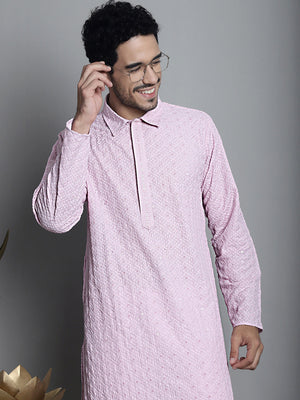 Men's Magenta Chikankari Embroidered And Sequin Kurta