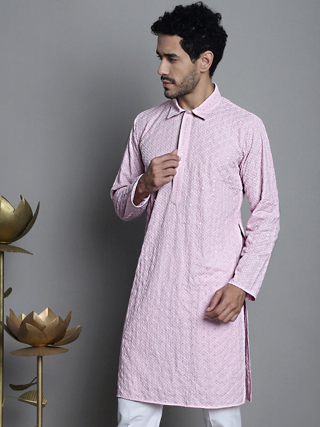 Men's Magenta Chikankari Embroidered And Sequin Kurta