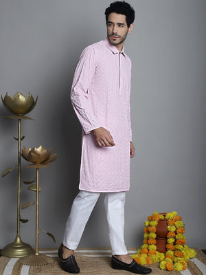 Men's Magenta Chikankari Embroidered And Sequin Kurta