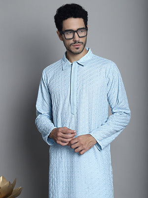 Men's Sky Chikankari Embroidered And Sequin Kurta
