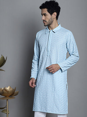 Men's Sky Chikankari Embroidered And Sequin Kurta