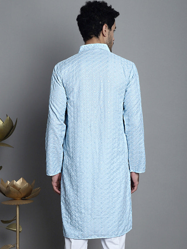 Men's Sky Chikankari Embroidered And Sequin Kurta