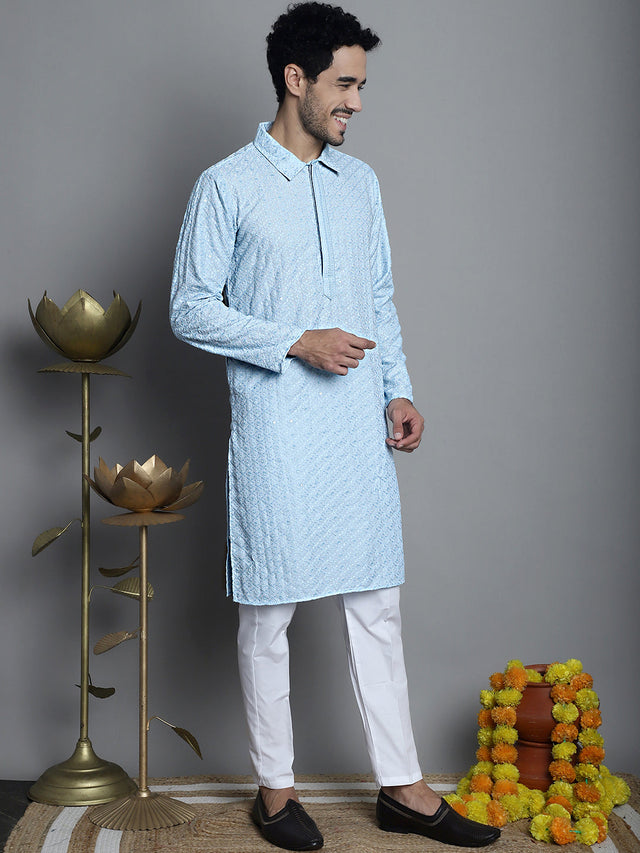 Men's Sky Chikankari Embroidered And Sequin Kurta