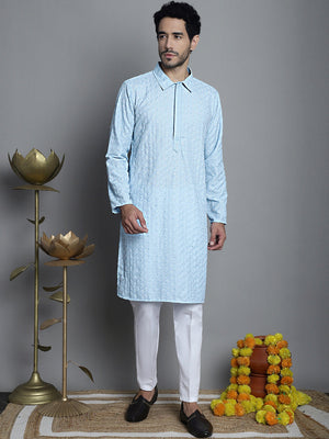 Men's Sky Chikankari Embroidered And Sequin Kurta