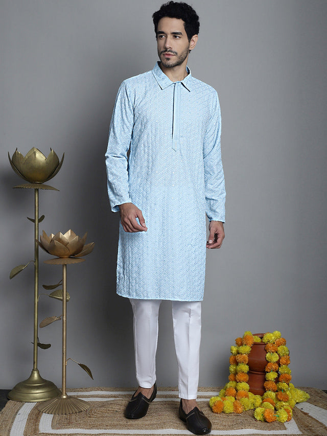 Men's Sky Chikankari Embroidered And Sequin Kurta