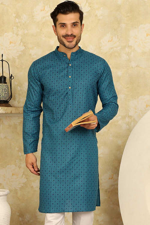 Blue Printed Cotton Men's Kurta Tops