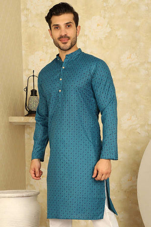 Blue Printed Cotton Men's Kurta Tops