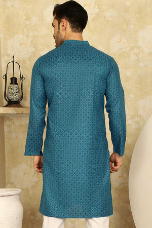 Blue Printed Cotton Men's Kurta Tops