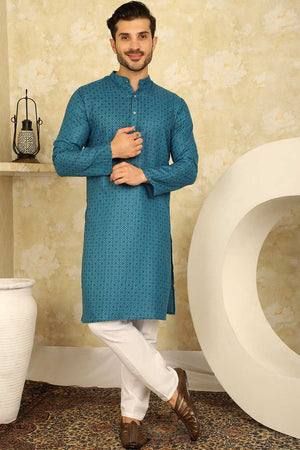 Blue Printed Cotton Men's Kurta Tops