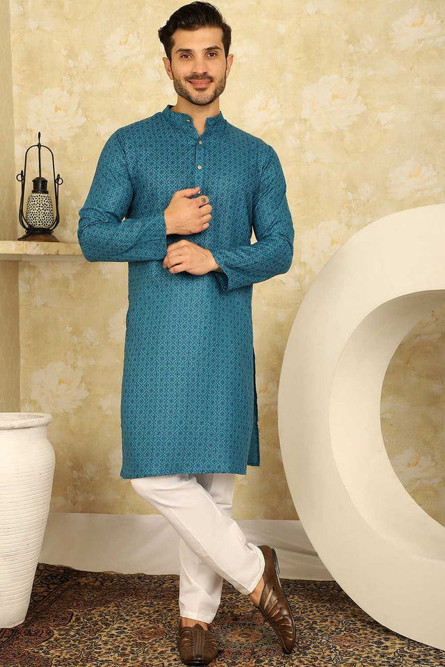Blue Printed Cotton Men's Kurta Tops