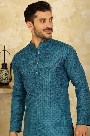 Blue Printed Cotton Men's Kurta Tops