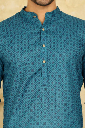 Blue Printed Cotton Men's Kurta Tops