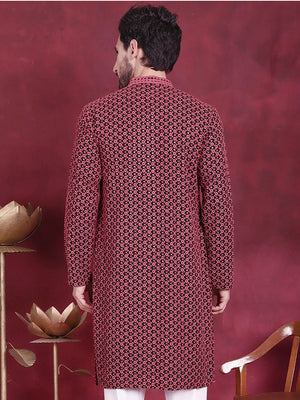 Men's Magenta Sequins Embroidered Kurta
