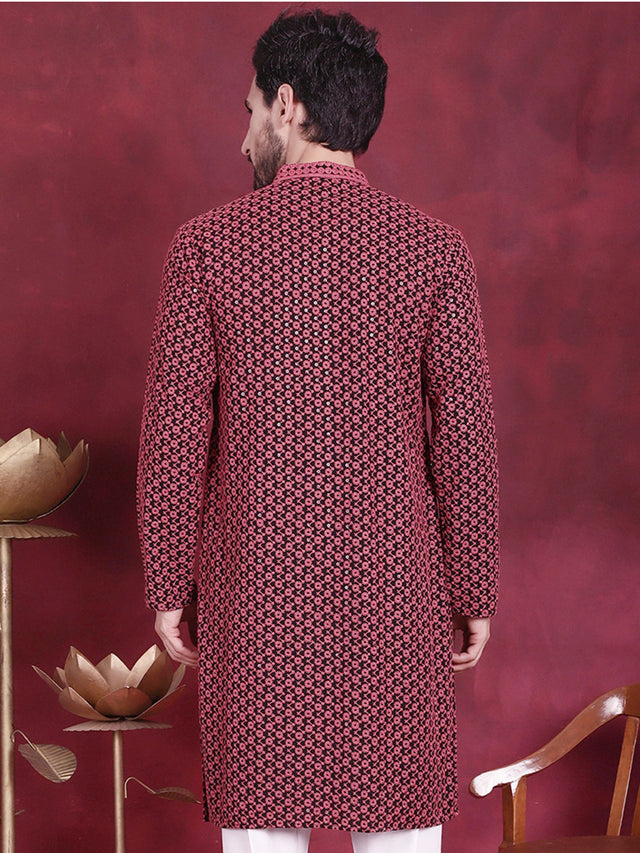 Men's Magenta Sequins Embroidered Kurta