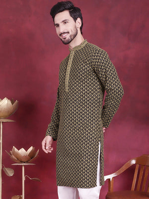 Men's Olive Sequins Embroidered Kurta
