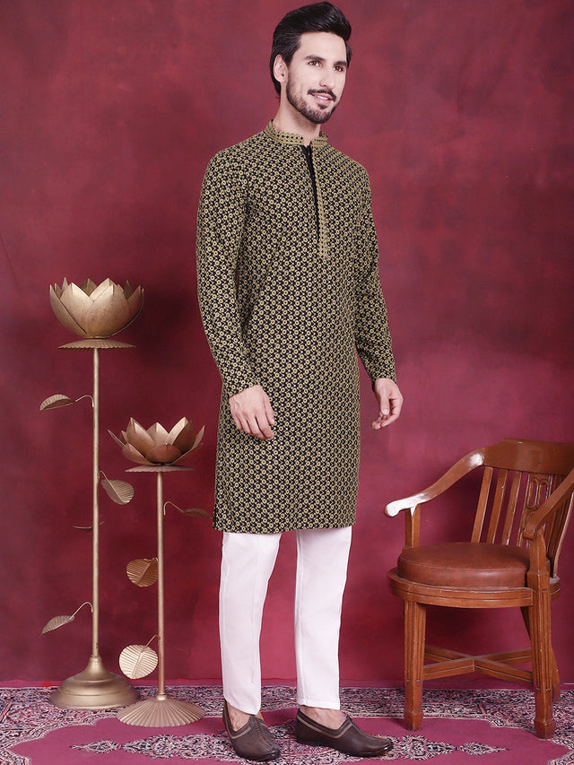 Men's Olive Sequins Embroidered Kurta