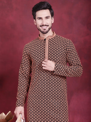 Men's Orange Sequins Embroidered Kurta