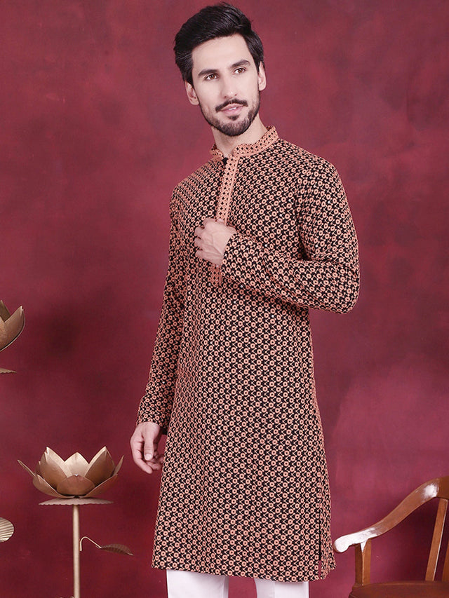 Men's Orange Sequins Embroidered Kurta