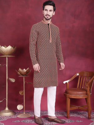 Men's Orange Sequins Embroidered Kurta