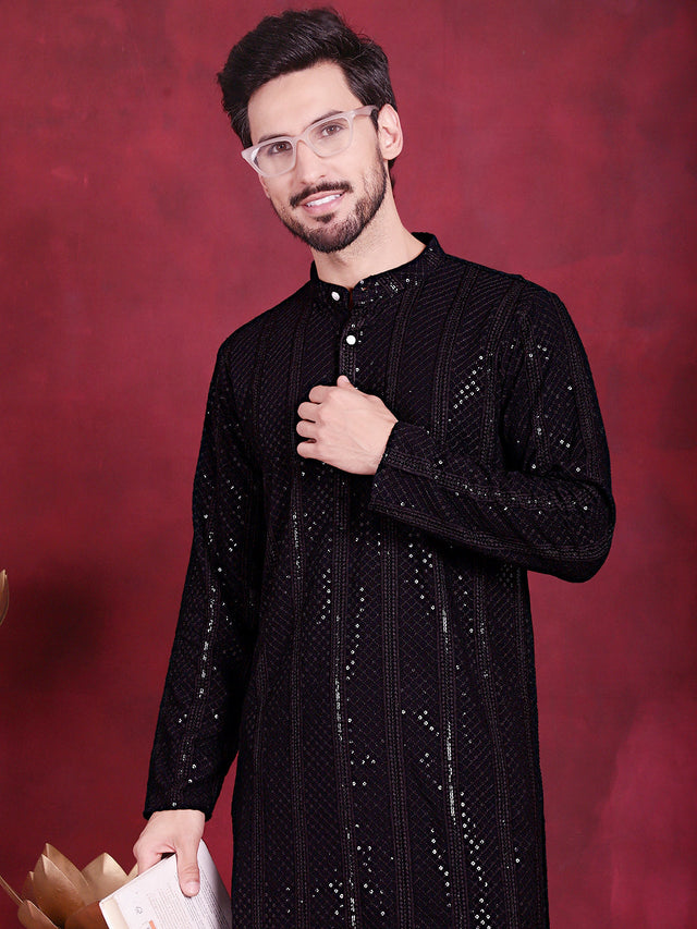 Men's Black Sequins Chikankari Embroidered Kurta