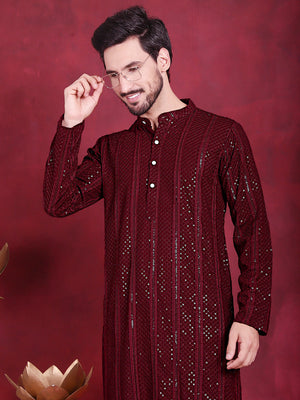 Men's Maroon Sequins Chikankari Embroidered Kurta