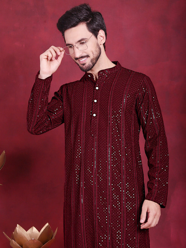 Men's Maroon Sequins Chikankari Embroidered Kurta