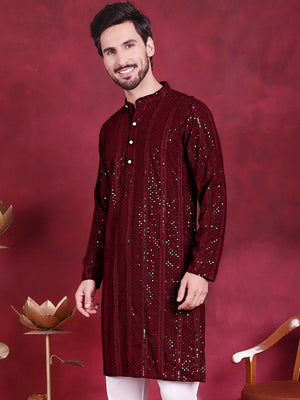 Men's Maroon Sequins Chikankari Embroidered Kurta