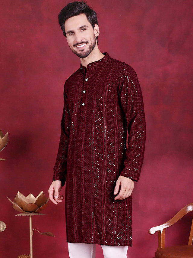 Men's Maroon Sequins Chikankari Embroidered Kurta