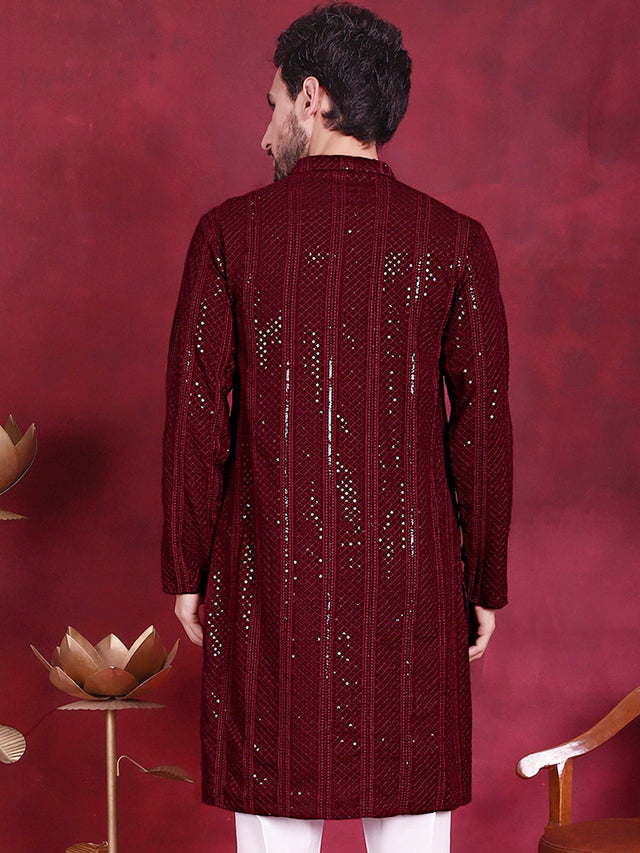 Men's Maroon Sequins Chikankari Embroidered Kurta