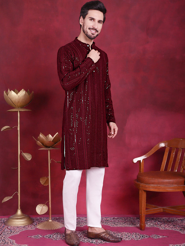 Men's Maroon Sequins Chikankari Embroidered Kurta