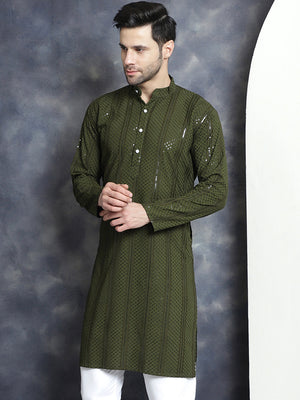 Men's Olive Sequins Chikankari Embroidered Kurta