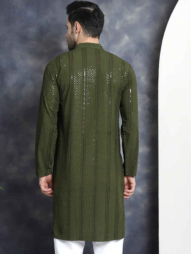 Men's Olive Sequins Chikankari Embroidered Kurta