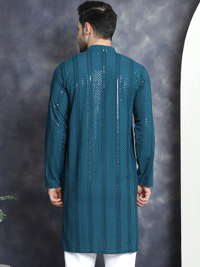 Men's Blue Sequins Chikankari Embroidered Kurta