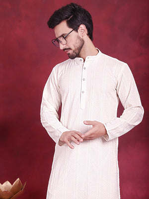 Men's White Sequins Chikankari Embroidered Kurta