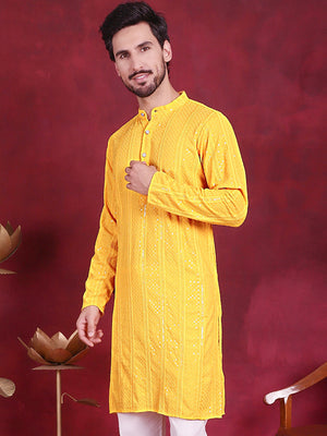 Men's Yellow Sequins Chikankari Embroidered Kurta