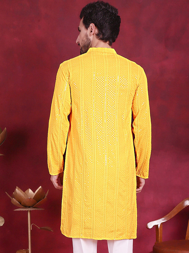 Men's Yellow Sequins Chikankari Embroidered Kurta