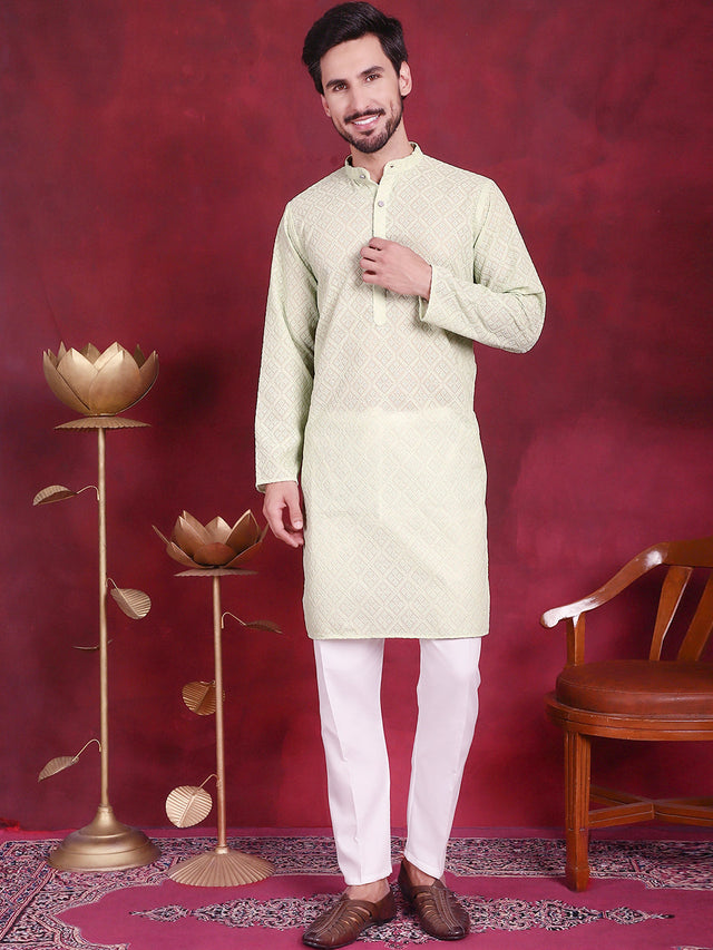 Men's Pista Chikankari Embroidered Kurta