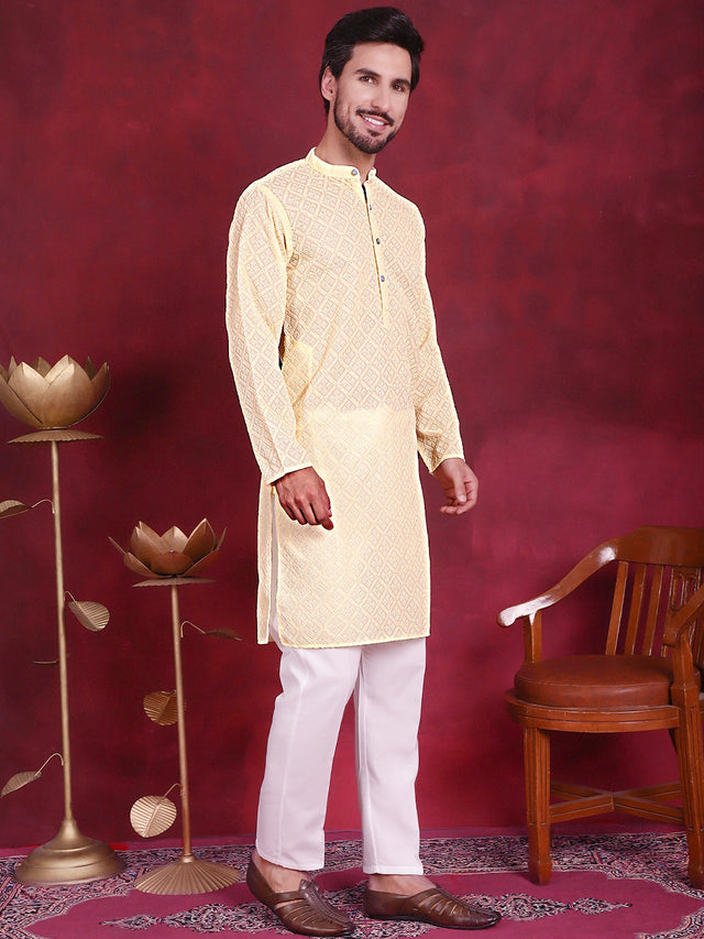 Men's Yellow Chikankari Embroidered Kurta