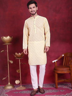 Men's Yellow Chikankari Embroidered Kurta